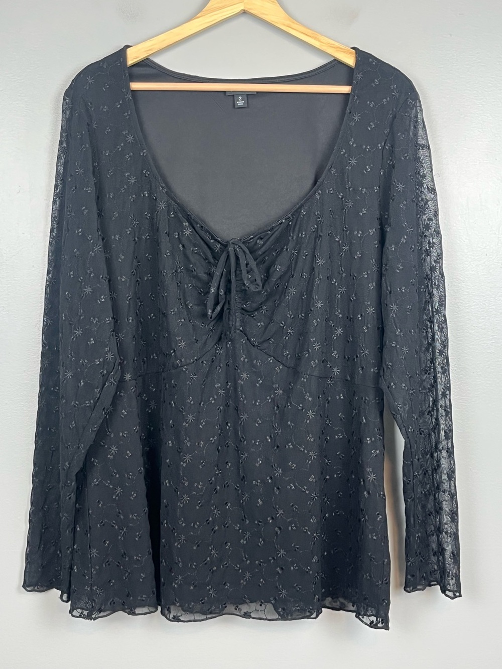 Torrid black lace overlay tie neck sheer sleeve top, size 2X.